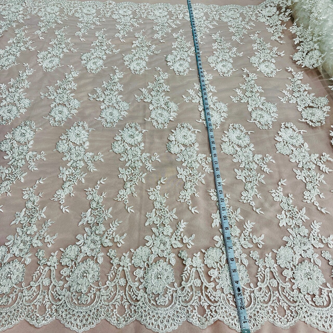1 Yard Opulent Beaded Corded Bridal Lace Fabric Embroidered on Premium Mesh 53"